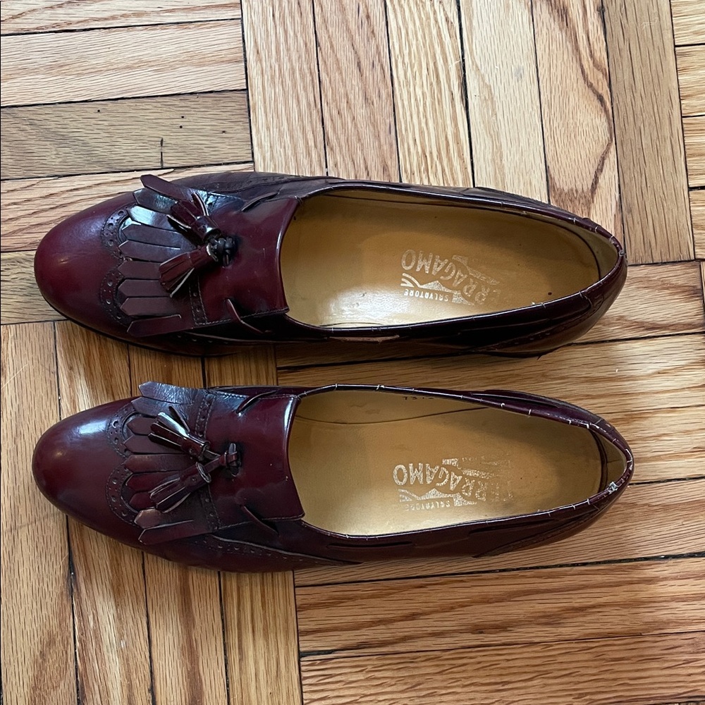 70s Vintage Salvatore Ferragamo Burgundy Tassel Kiltie Loafers